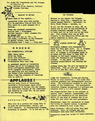 Alpha Phi District IV District Alumnae Chairman Newsletter, c. 1983-1984