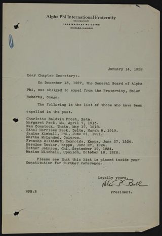 Helen Bull to Chapter Secretary Letter 1, January 14, 1928
