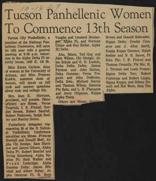 Tucson Panhellenic Women to Commence 13th Season Newspaper Clipping, October 18, 1967