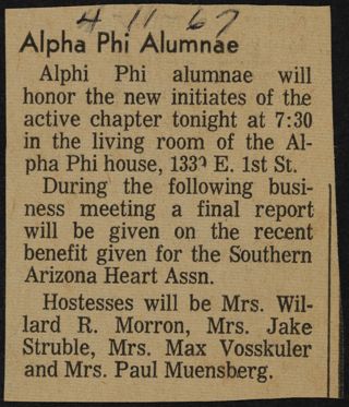 Alpha Phi Alumnae Newspaper Clipping, April 11, 1967