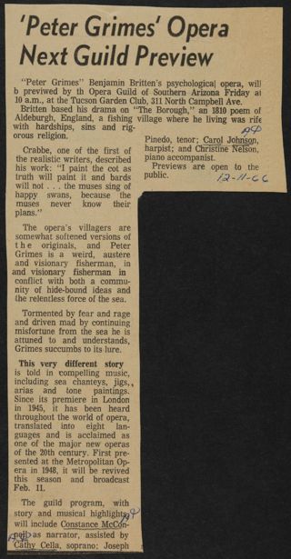 "Peter Grimes" Opera Next Guild Preview Newspaper Clipping, December 11, 1966