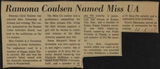 Ramona Coulsen Named Miss UA Newspaper Clipping, December 8, 1967