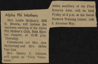 Alpha Phi Mothers Newspaper Clipping