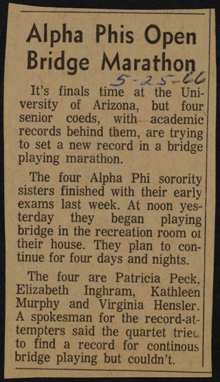 Alpha Phi Open Bridge Marathon Newspaper Clipping, May 25, 1966