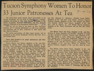 Tucson Symphony Women to Honor 33 Patronesses at Tea Newspaper Clipping, September 14, 1966
