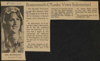 Bowersmith-O'Leske Vows Solemnized Newspaper Clipping, August 31, 1966