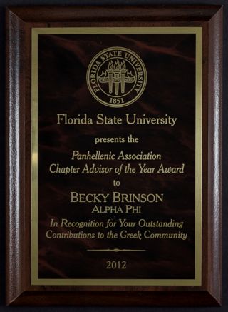 Florida State University Panhellenic Association Chapter Advisor of the Year Award Plaque, 2012