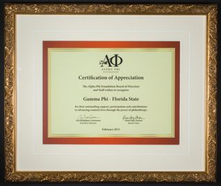 Alpha Phi Foundation Certification of Appreciation: Gamma Phi Framed Certificate, February 2015
