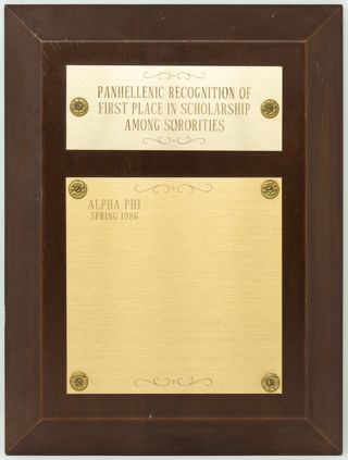 Panhellenic Recognition of First Place in Scholarship Among Sororities Plaque, Spring 1986