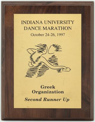 Indiana University Dance Marathon Greek Organization Second Runner-Up Plaque, October 24-26, 1997