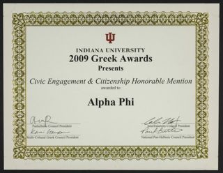 Indiana University 2009 Greek Awards Certificate, 2009