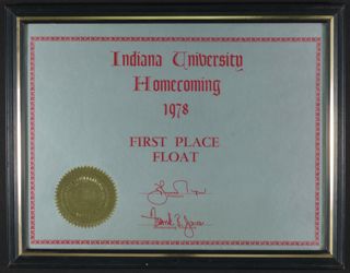 Indiana University Homecoming First Place Float Framed Certificate, 1978