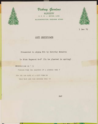 Vickrey Gardens Nursery Gift Certificate, December 1, 1973