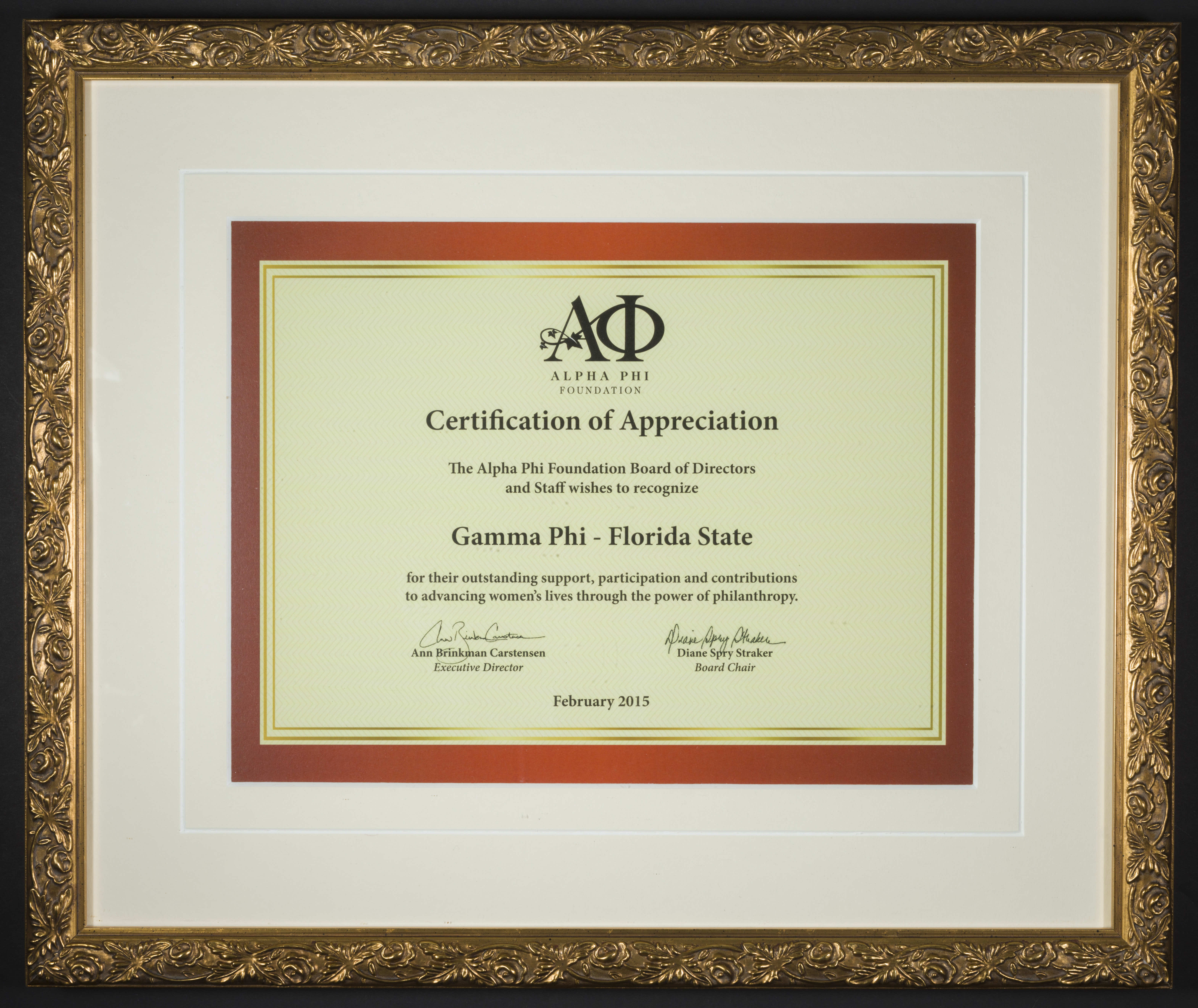 Alpha Phi Foundation Certificate of Appreciation
