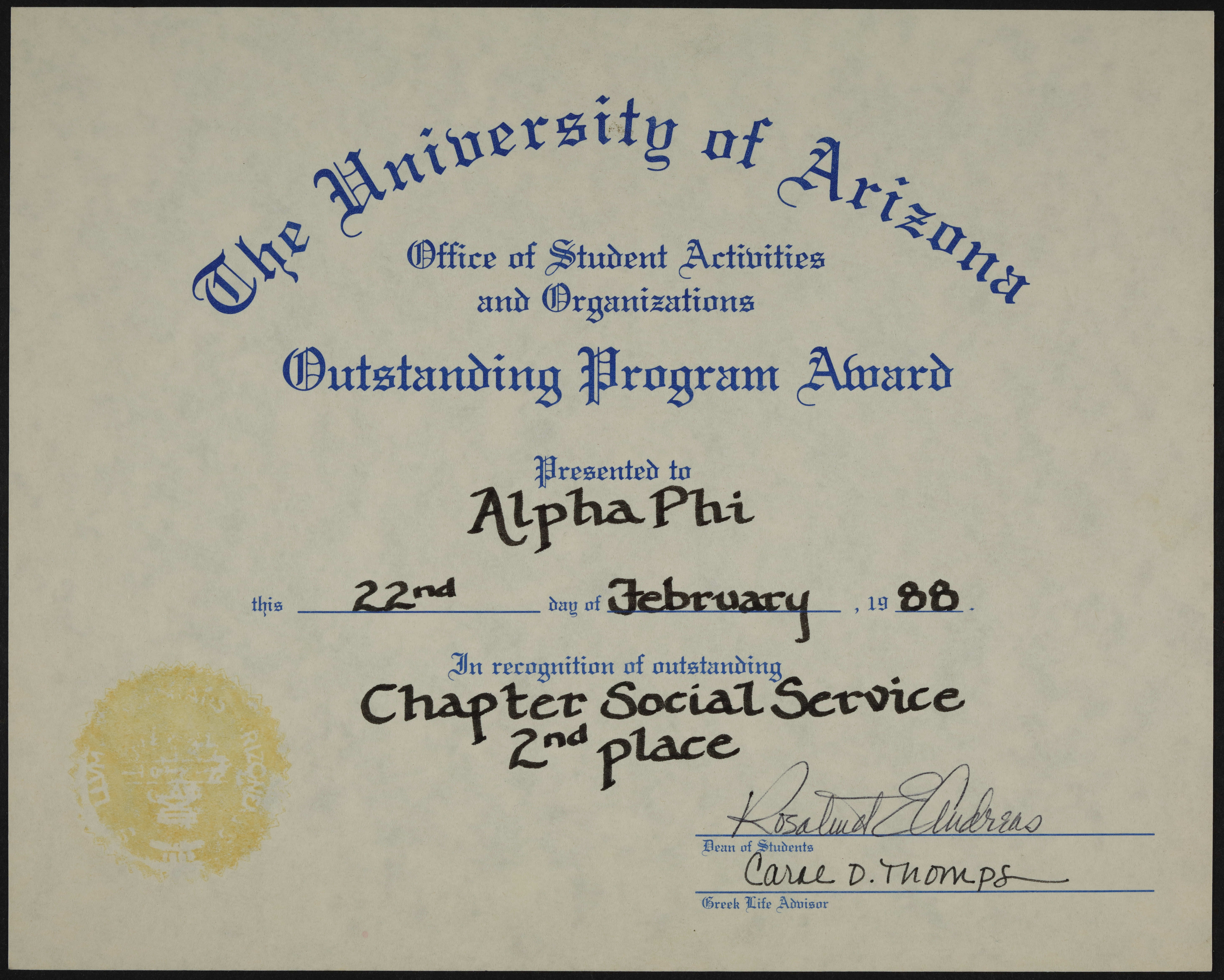 Beta Epsilon Chapter Received Social Service Award