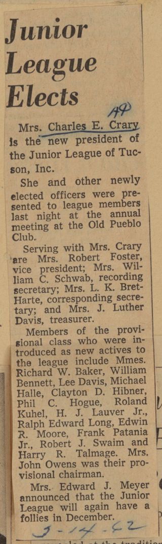 Junior League Elects Newspaper Clipping, March 14, 1962