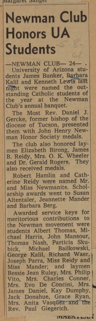 Newman Club Honors UA Students Newspaper Clipping, May 8, 1961