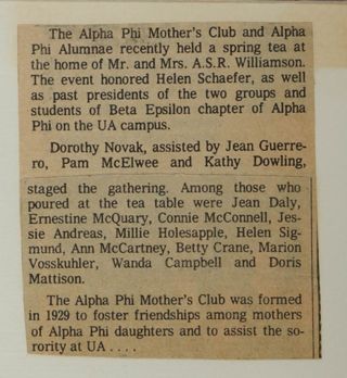 Alpha Phi Mother's Club and Alpha Phi Alumnae Recently Held a Spring Tea...Newspaper Clipping, c. 1978