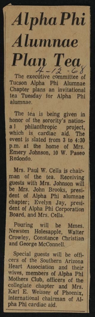 Alpha Phi Alumnae Plan Tea Newspaper Clipping, April 12, 1968