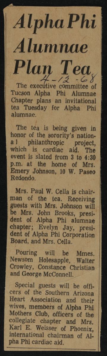 Alpha Phi Alumnae Plan Tea Newspaper Clipping, April 12, 1968