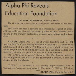 Alpha Phi Reveals Education Foundation Newspaper Clipping