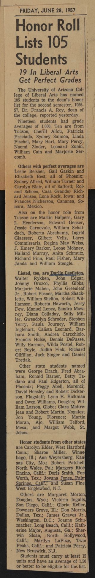 Honor Roll Lists 105 Students Newspaper Clipping, June 28, 1957