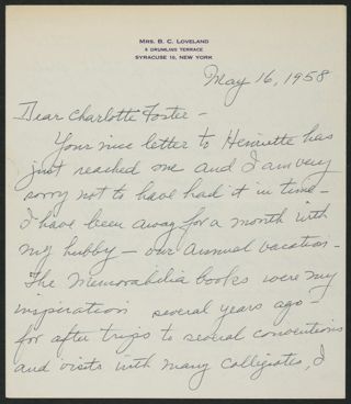 Edith N. Loveland to Charlotte Foster Letter, May 16, 1958