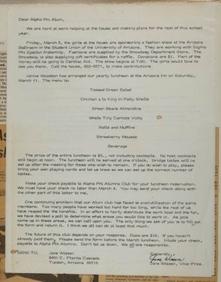 Jane Wissen to Alpha Phi Alum Letter