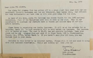 Jane Wissen to Alpha Phi Alumna Letter, February 14, 1979