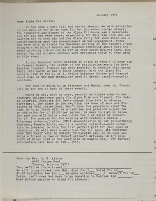 Anne Axline to Alpha Phi Sister Letter, January 1980