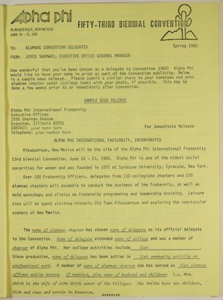 Joyce Shumway to Alumnae Convention Delegates Memo, Spring 1980