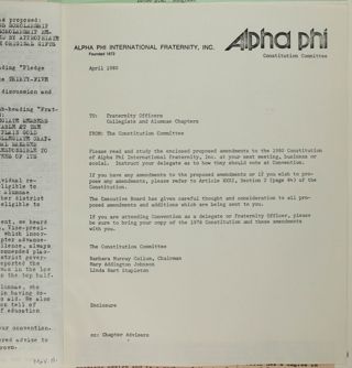 Collum, Johnson, and Stapleton to Fraternity Officers and Collegiate and Alumnae Chapters Memo, April 1980