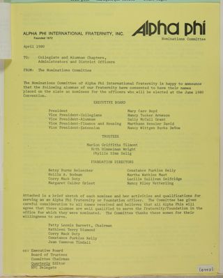 Nominations Committee to Collegiate and Alumnae Chapters, Administrators, and District Officers Memo, April 1980