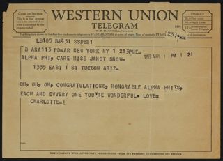 Charlotte to Alpha Phi Telegram, May 1, 1959