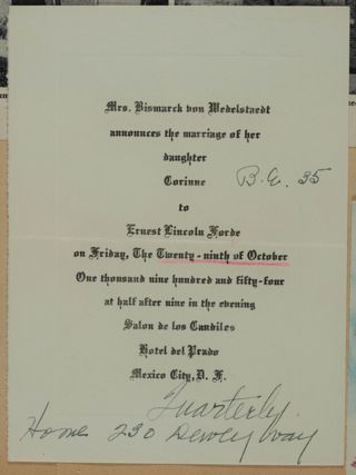 Corinne Von Wedelstaedt Marriage Announcement Card, October 29, 1954