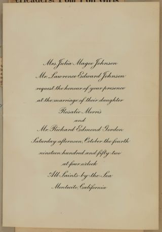Rosalie Johnson and Richard Gordon Wedding Invitation, October 4, 1952