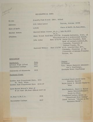 Dorothy Flint Novak Biographical Data