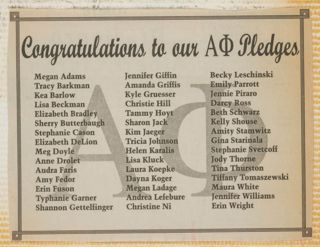 Congratulations to Our Alpha Phi Pledges Newspaper Clipping, 1995