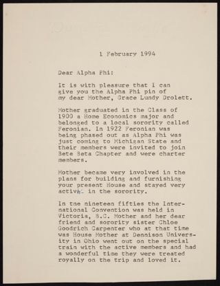 Dorothy Drolett Doyle to Alpha Phi Letter, February 1, 1994