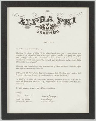 Linda Long Boland and Linda Kahangi to the Women of Delta Mu Chapter Framed Letter, April 27, 2013