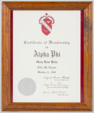 Mary Rose Helm Framed Membership Certificate, October 21, 1990