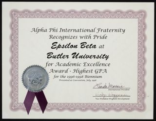 Alpha Phi International Fraternity Academic Excellence Award - Highest GPA Certificate, July 1998