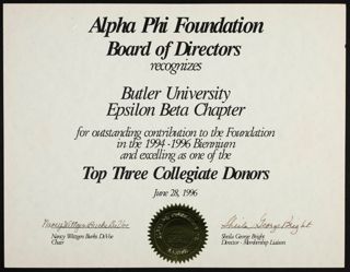 Alpha Phi Foundation Top Three Collegiate Donors Certificate, June 28, 1996