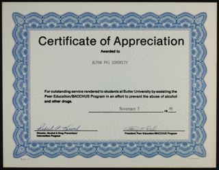 Certificate of Appreciation, November 3, 1986