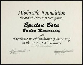 Alpha Phi Foundation Excellence in Philanthropic Fundraising Certificate, June 24, 1994