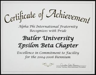 Alpha Phi International Fraternity Excellence in Commitment to Facility Certificate, 2004-2006