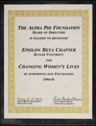 Alpha Phi Foundation Changing Women's Lives Certificate, 1994-1995