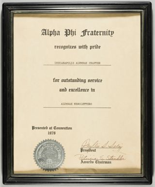 Alpha Phi Fraternity Alumnae Newsletters Framed Certificate, 1976
