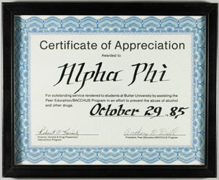 Framed Certificate of Appreciation, October 29, 1985