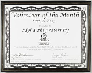 Butler Volunteer Center Volunteer of the Month Framed Certificate, October 2007